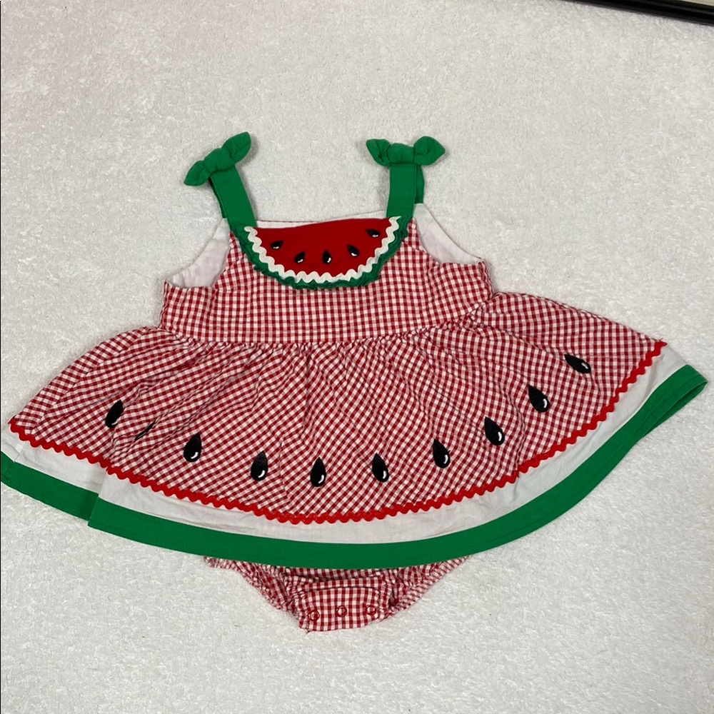 Blueberi Boulevard Red and White neck watermelon Baby sundress 9m